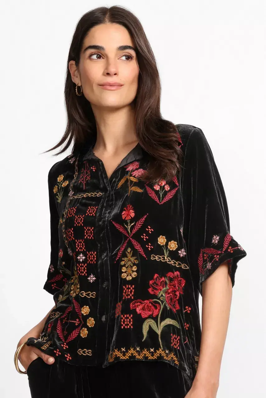 Johnny Was RUFFLE NECK VELVET SHIRT Black
