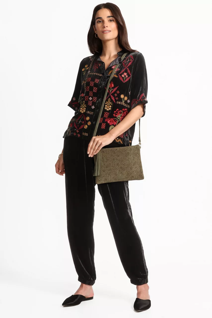 Johnny Was RUFFLE NECK VELVET SHIRT Black