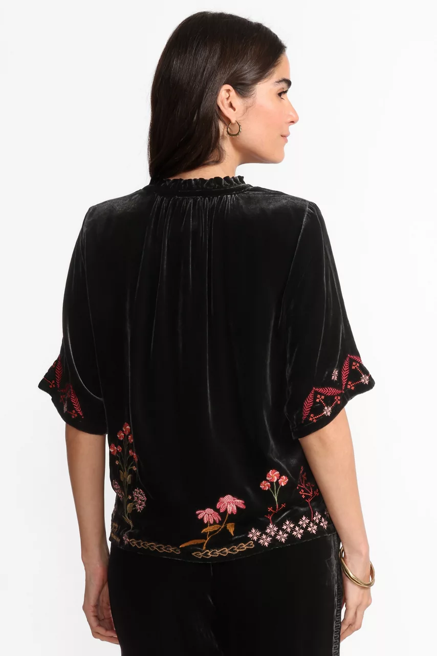 Johnny Was RUFFLE NECK VELVET SHIRT Black