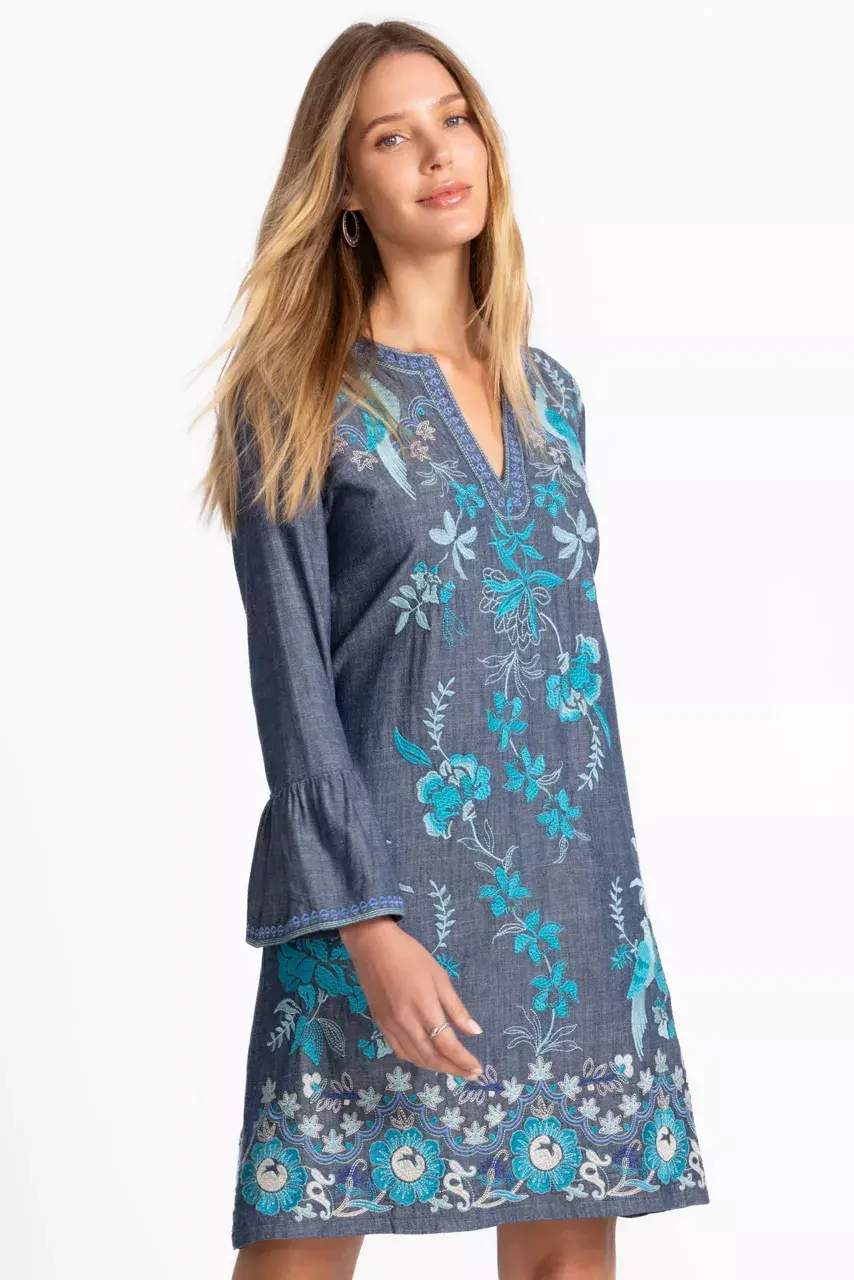 Johnny Was RUFFLE SLEEVE DRESS Denim Blue
