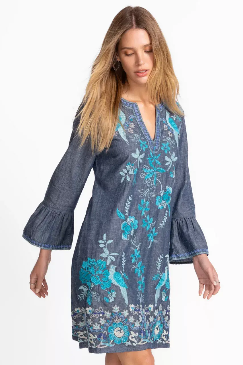 Johnny Was RUFFLE SLEEVE DRESS Denim Blue