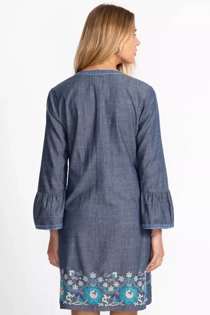 Johnny Was RUFFLE SLEEVE DRESS Denim Blue