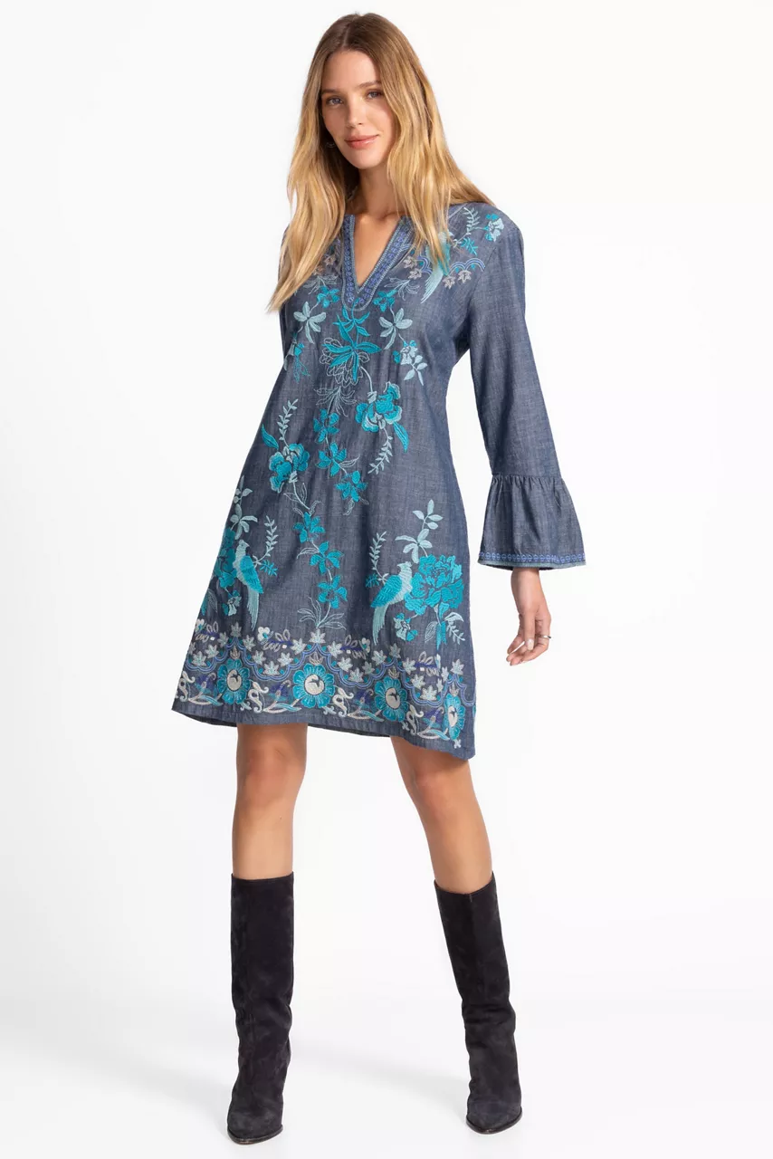 johnny was RUFFLE SLEEVE DRESS Denim Blue