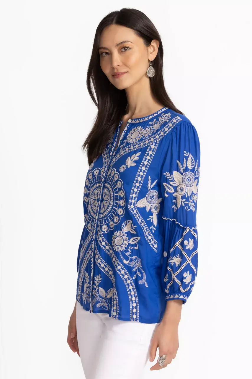 Johnny Was SCALLOP SLEEVE BLOUSE Cobalt