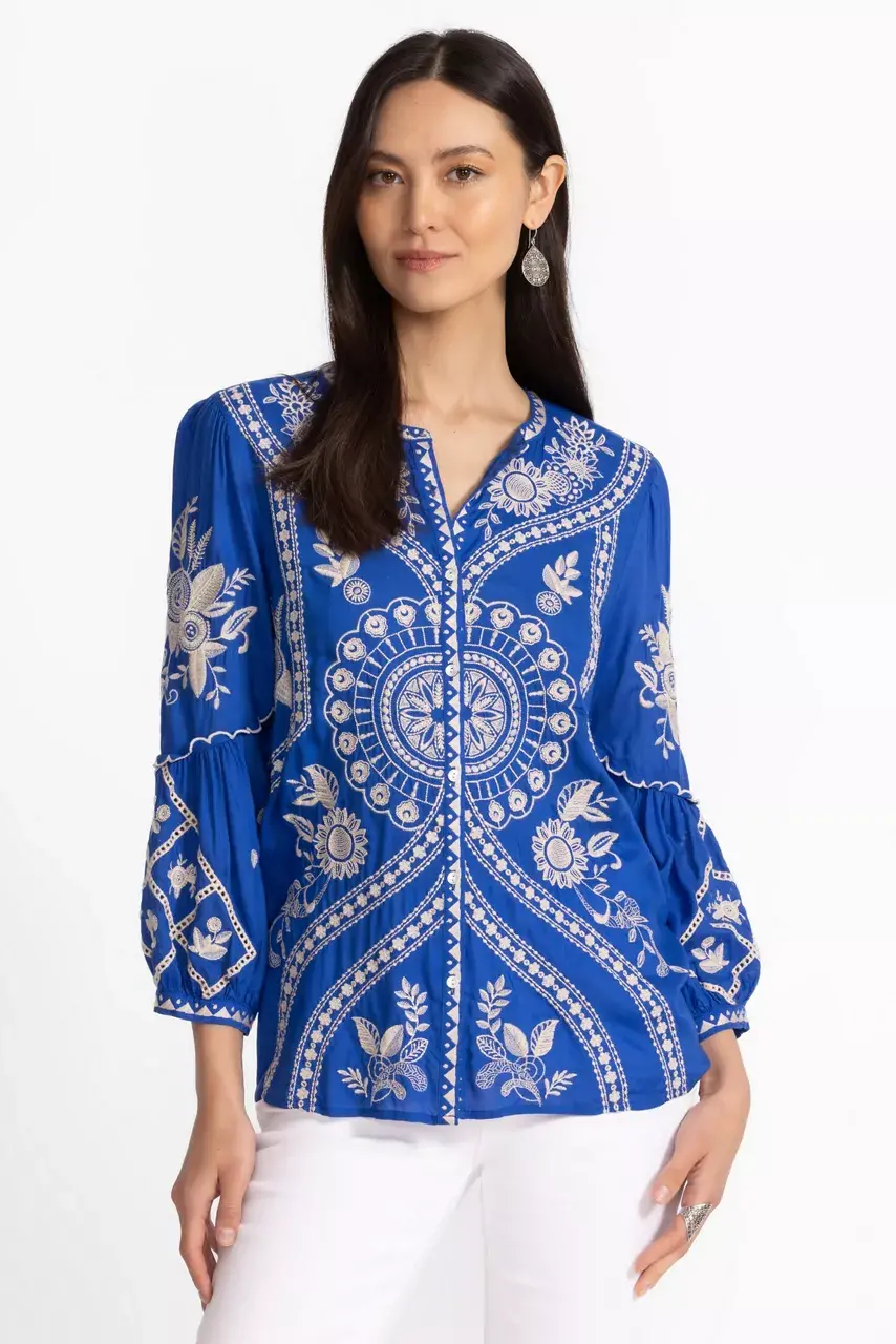Johnny Was SCALLOP SLEEVE BLOUSE Cobalt