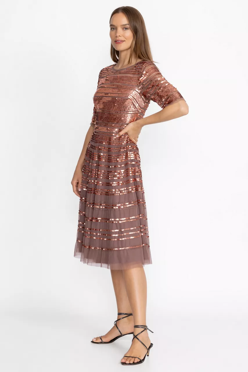 Johnny Was SEPIA BEADED MESH DRESS Sepia