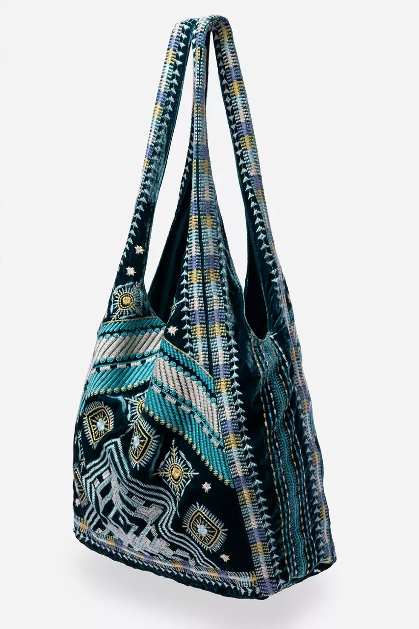 Johnny Was SLOUCHY VELVET TOTE Peacock