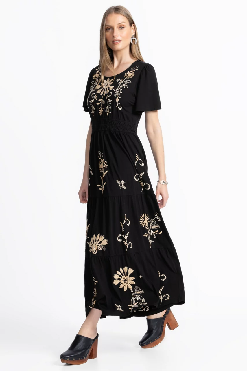 Johnny Was SMOCKED WAIST TIERED MAXI DRESS
