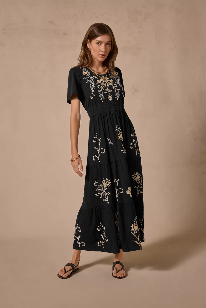 Johnny Was SMOCKED WAIST TIERED MAXI DRESS