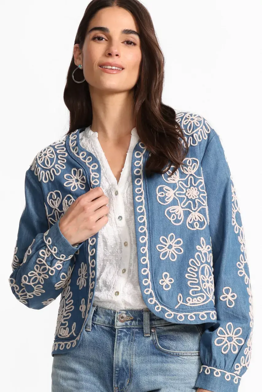 Johnny Was SOUTACHE BOLERO JACKET Denim Indigo