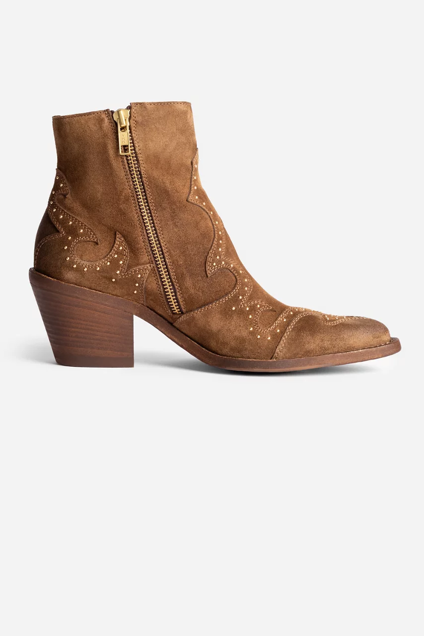 Johnny Was STUDDED ITALIAN SUEDE ANKLE BOOT Brandy