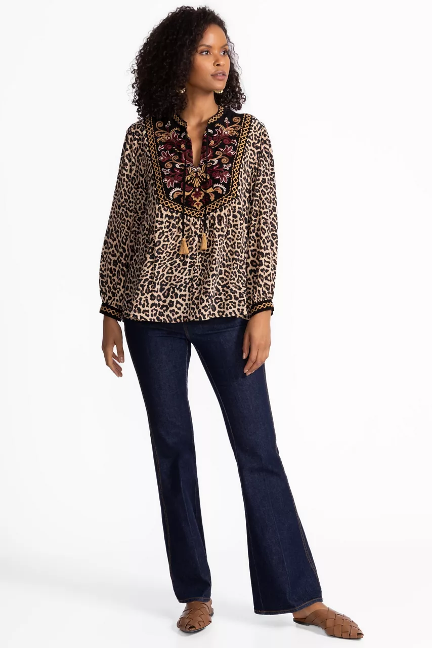 Johnny Was TASSEL YOKE BLOUSE Chestnut Leopard