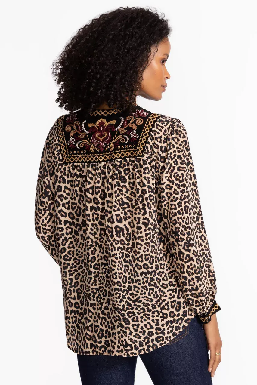 Johnny Was TASSEL YOKE BLOUSE Chestnut Leopard