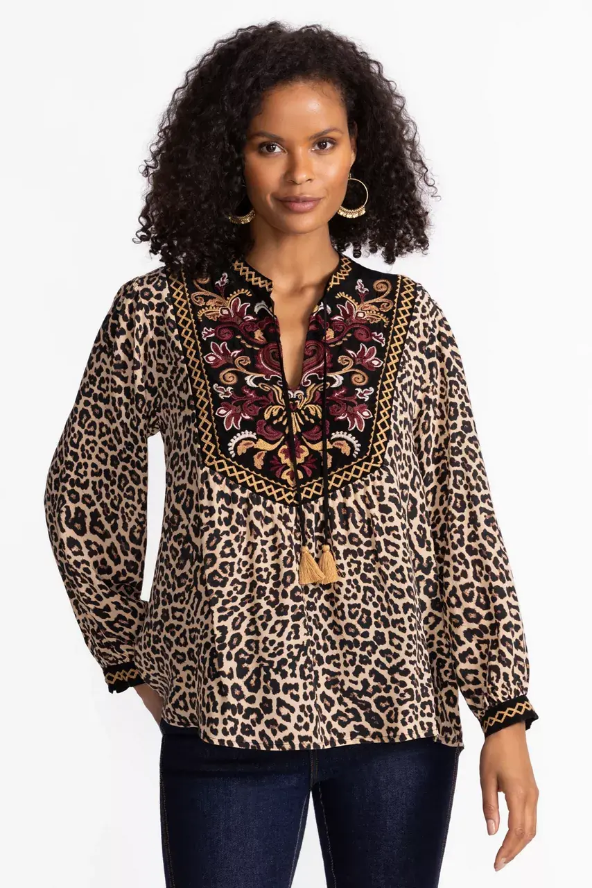 Johnny Was TASSEL YOKE BLOUSE Chestnut Leopard