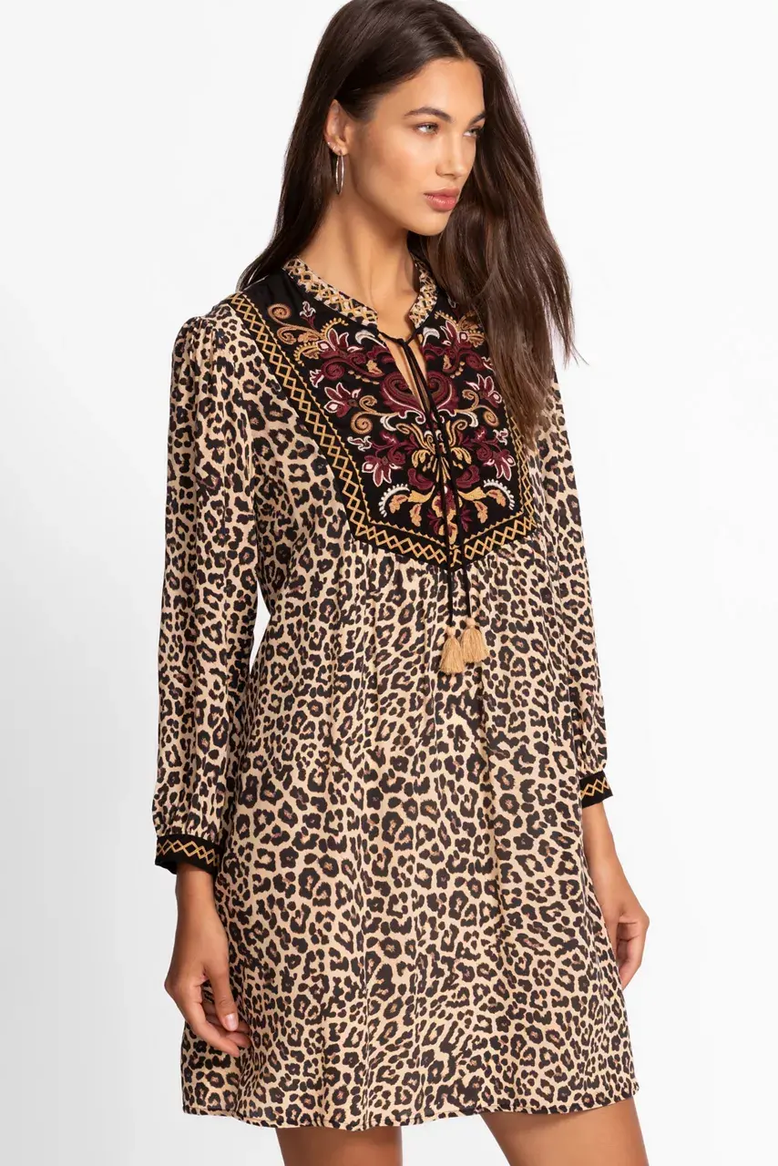 Johnny Was TASSEL YOKE DRESS Chestnut Leopard