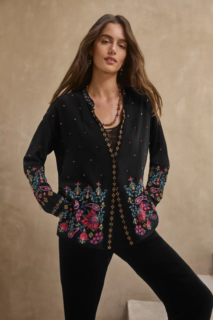 Johnny Was THE AUDREY MANDARIN COLLAR SHIRT Black