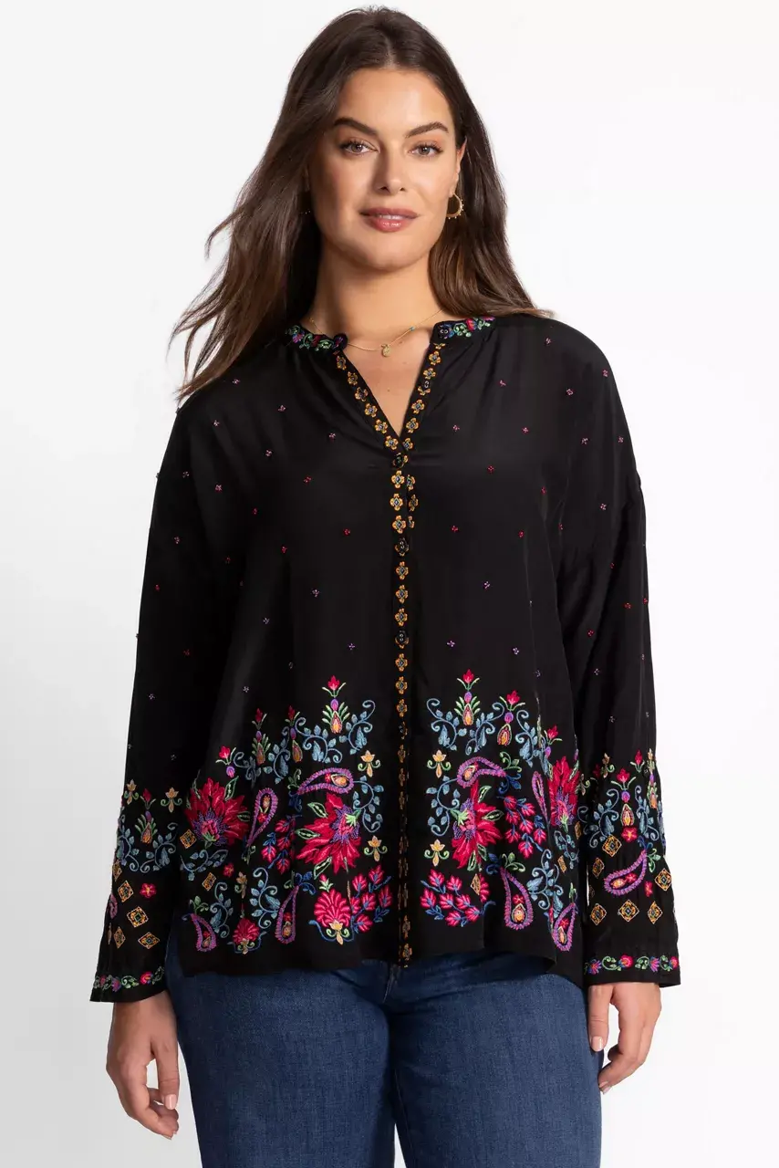 Johnny Was THE AUDREY MANDARIN COLLAR SHIRT Black