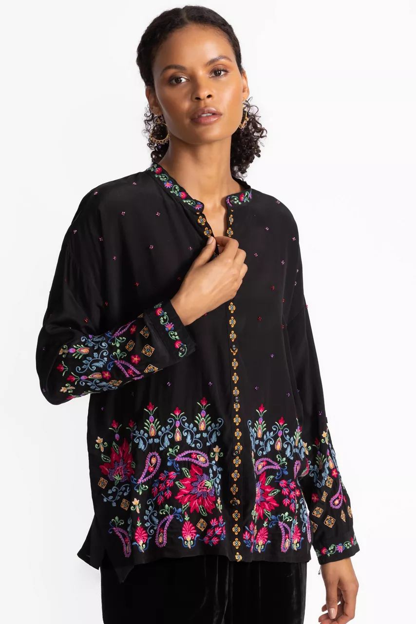 Johnny Was THE AUDREY MANDARIN COLLAR SHIRT Black