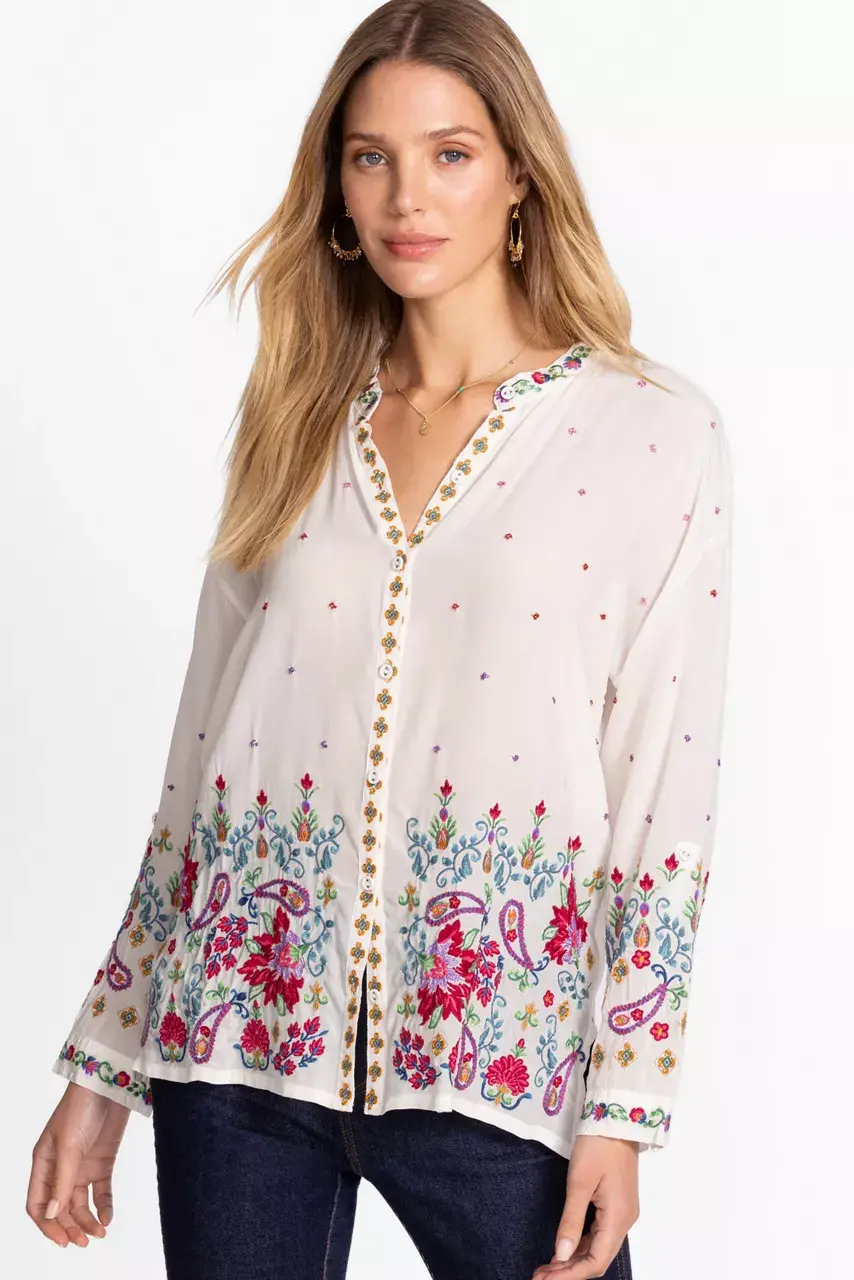 Johnny Was THE AUDREY MANDARIN COLLAR SHIRT White