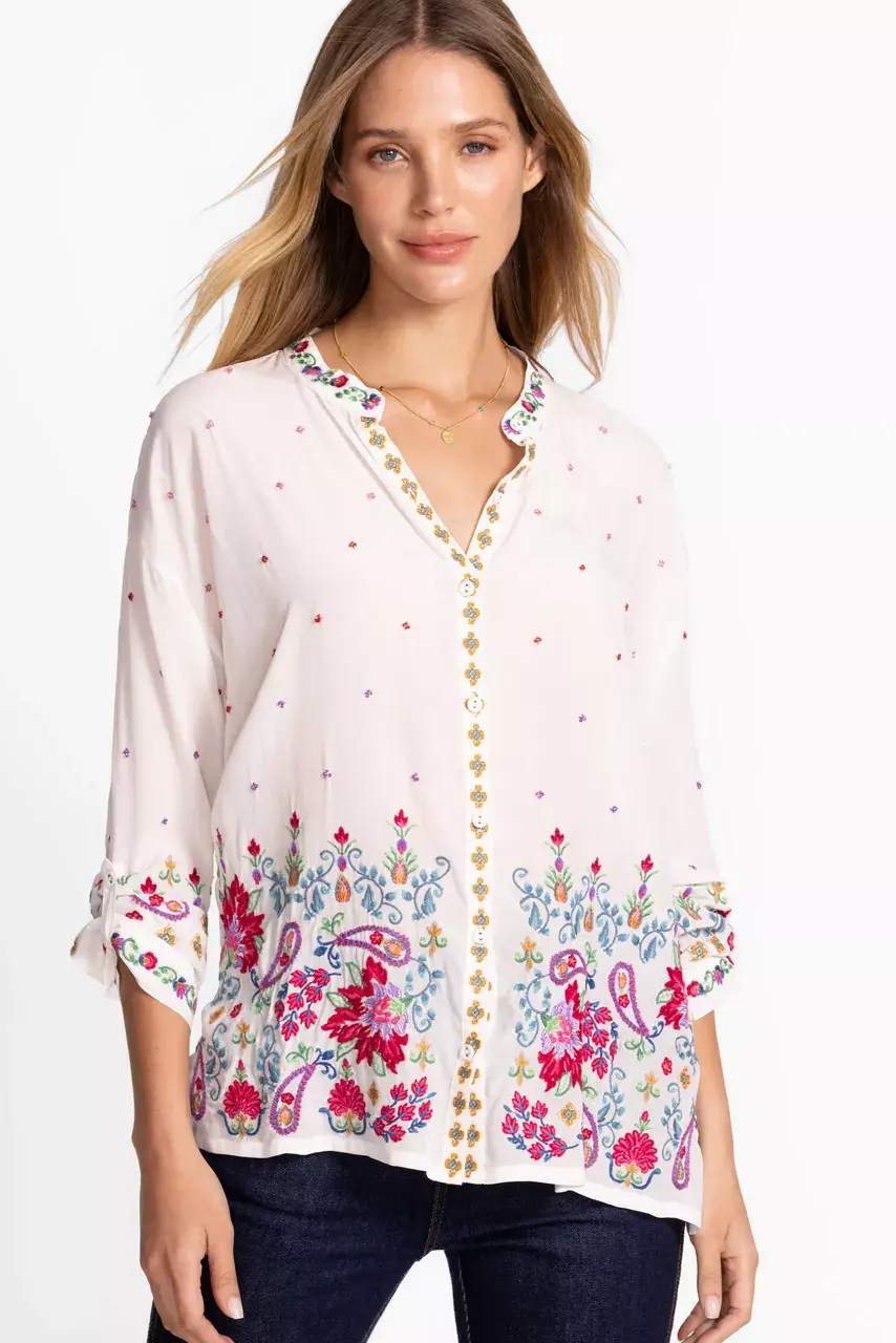 Johnny Was THE AUDREY MANDARIN COLLAR SHIRT White