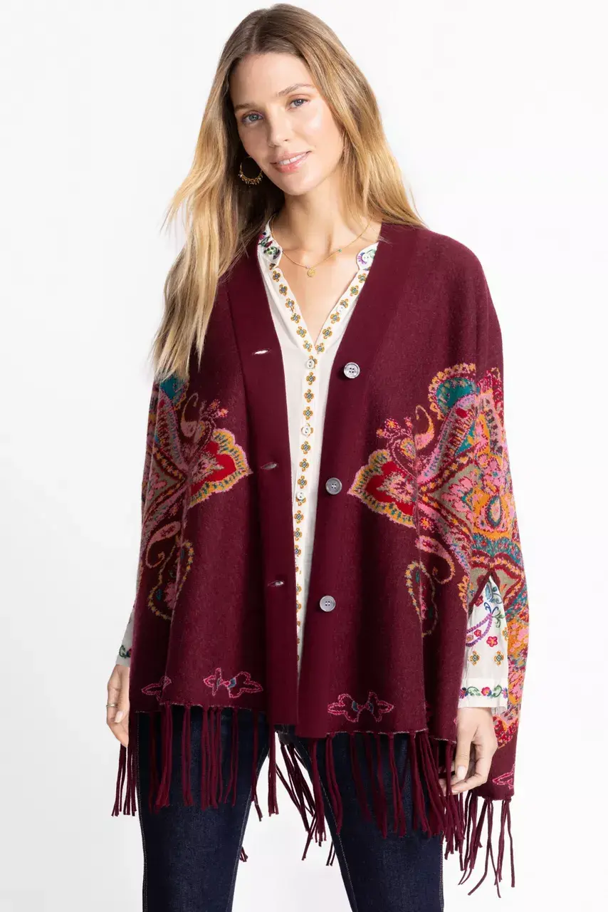 Johnny Was THE BUTTON FRONT CAPE Burgundy