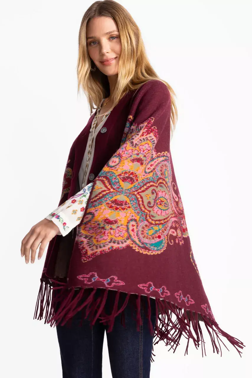 Johnny Was THE BUTTON FRONT CAPE Burgundy