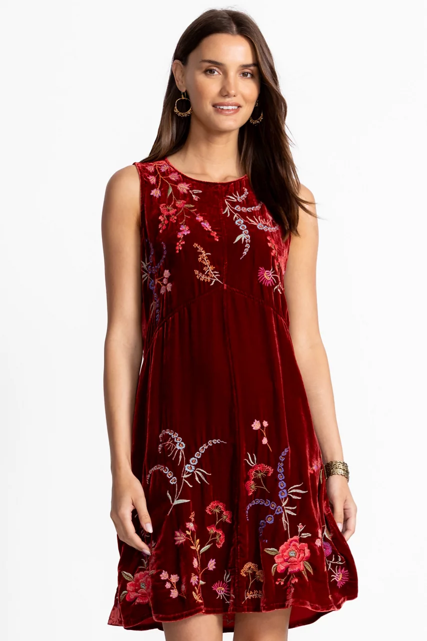 Johnny Was VELVET CHEVRON TANK DRESS Cranberry