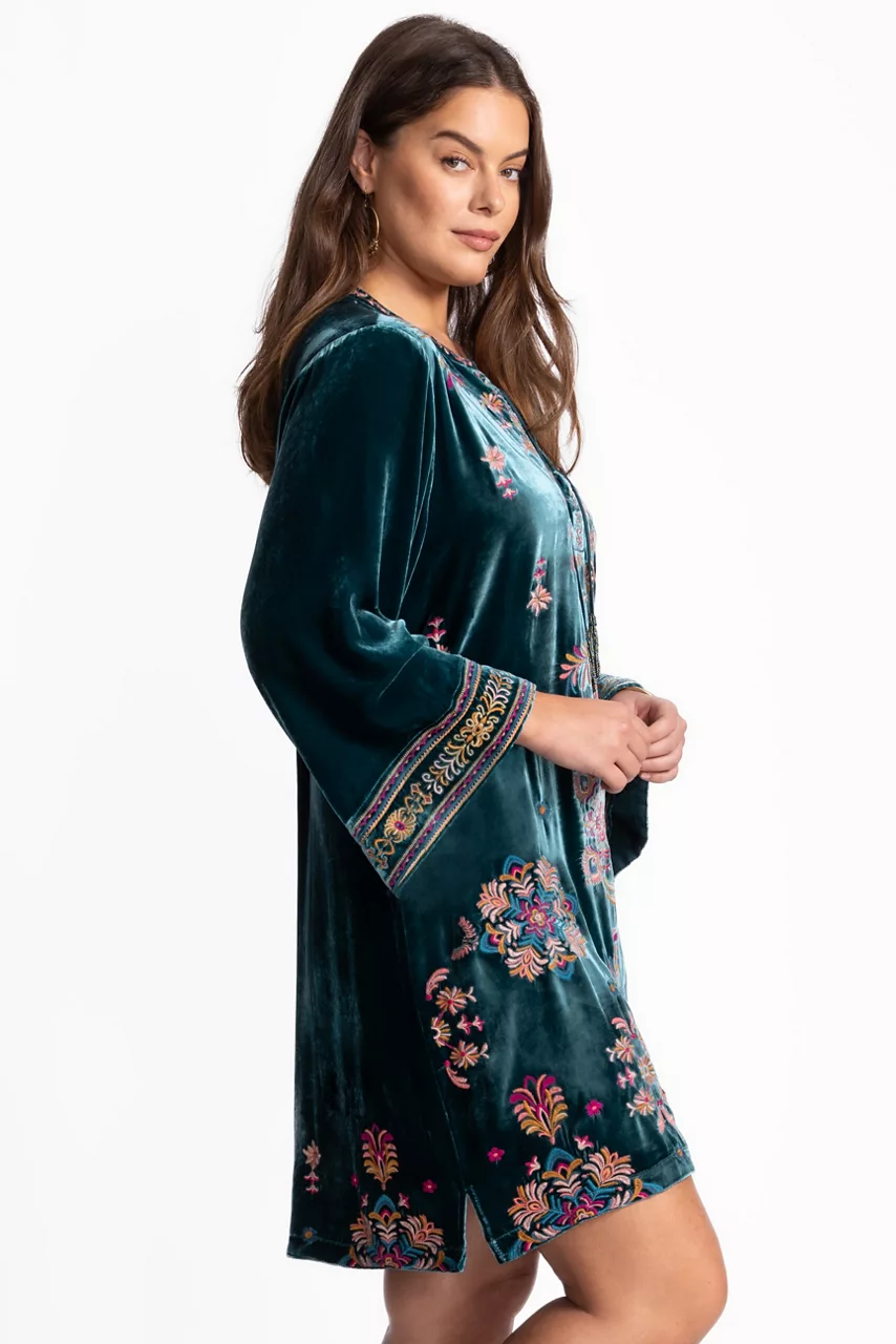 Johnny Was VELVET TIE FRONT KIMONO DRESS Peacock