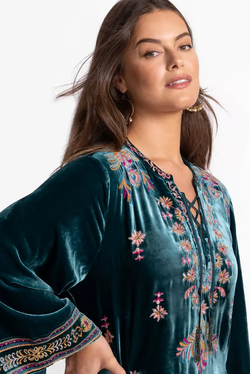 Johnny Was VELVET TIE FRONT KIMONO DRESS Peacock