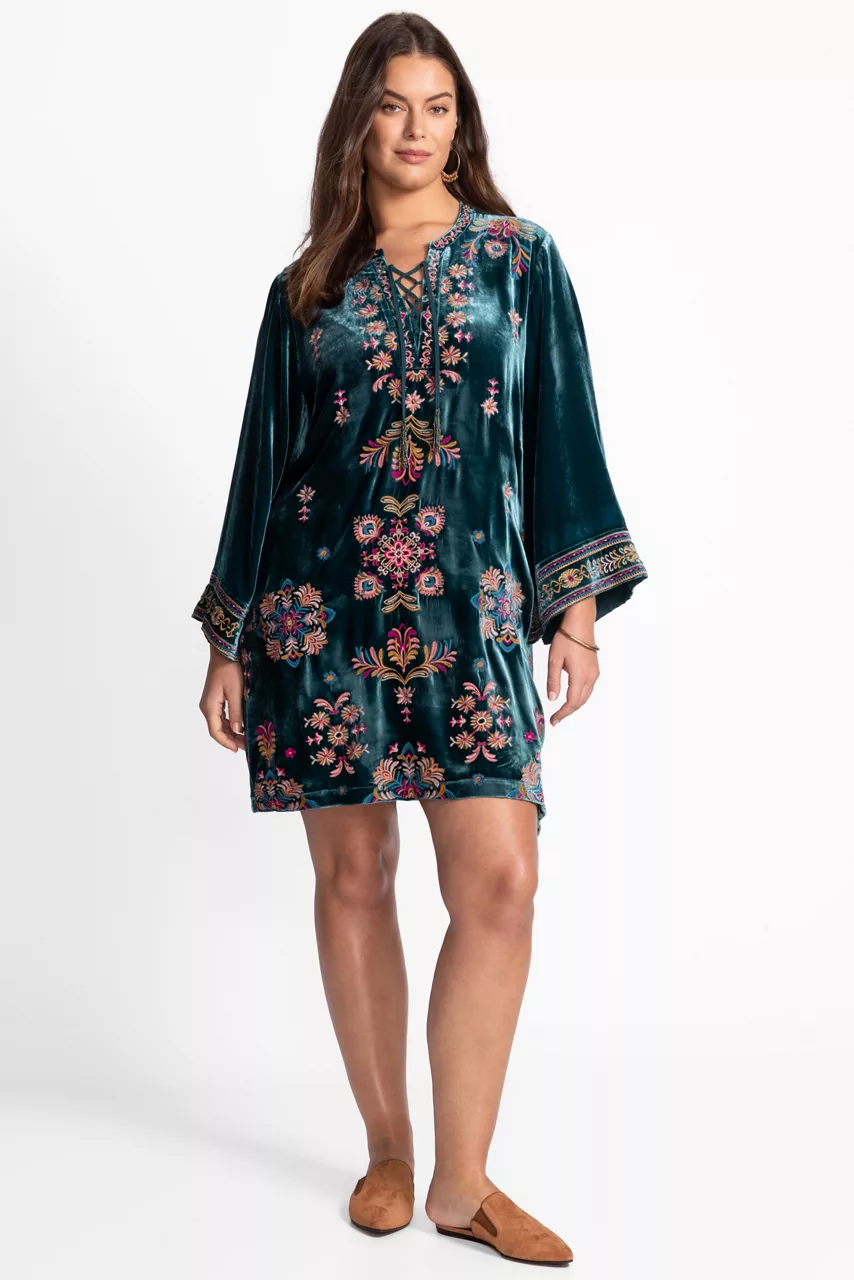johnny was VELVET TIE FRONT KIMONO DRESS Peacock