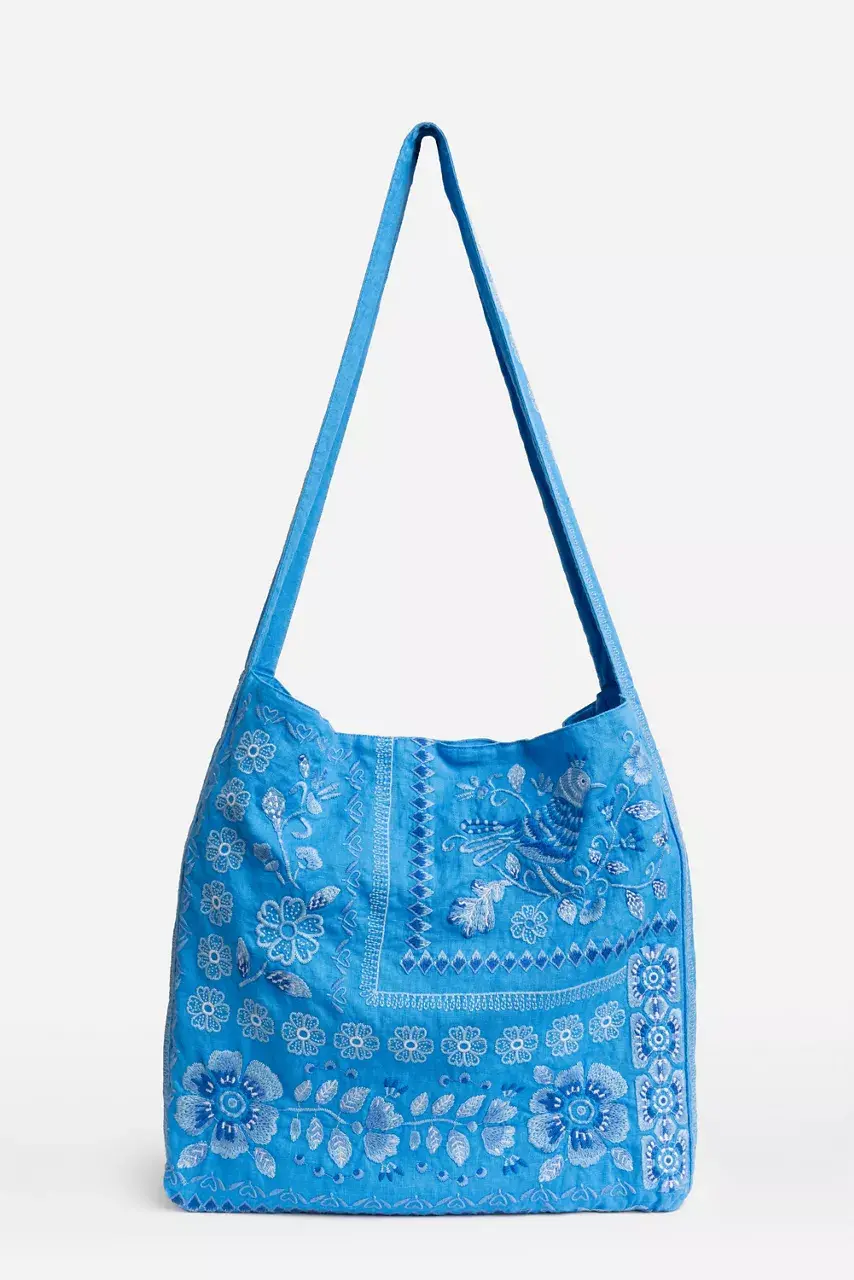 Johnny Was WIDE STRAP LINEN TOTE BAG Diva Blue
