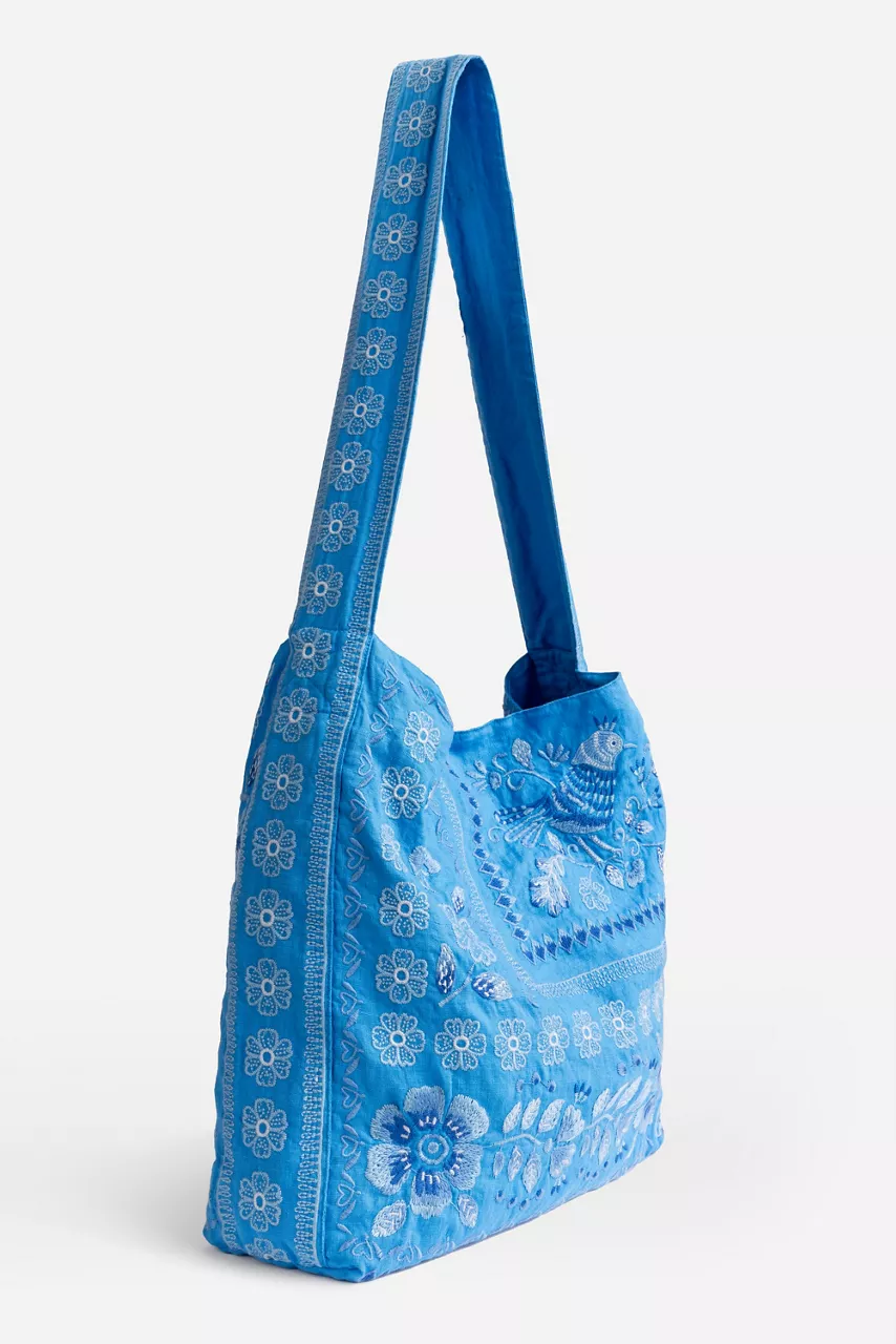 Johnny Was WIDE STRAP LINEN TOTE BAG Diva Blue