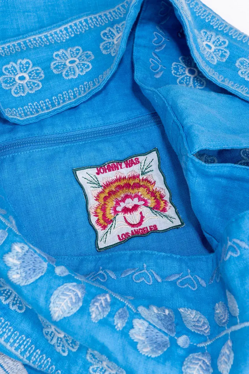 Johnny Was WIDE STRAP LINEN TOTE BAG Diva Blue