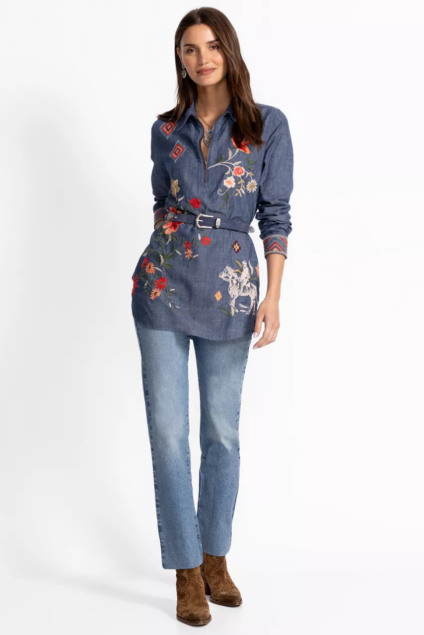 Johnny Was ZIPUP SHIRT TUNIC Denim Blue