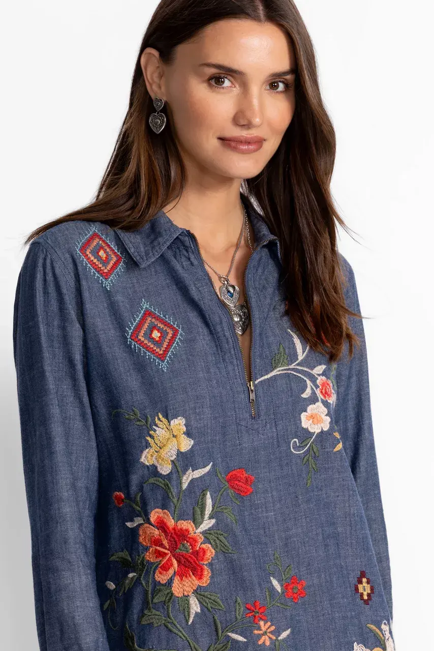 Johnny Was ZIPUP SHIRT TUNIC Denim Blue