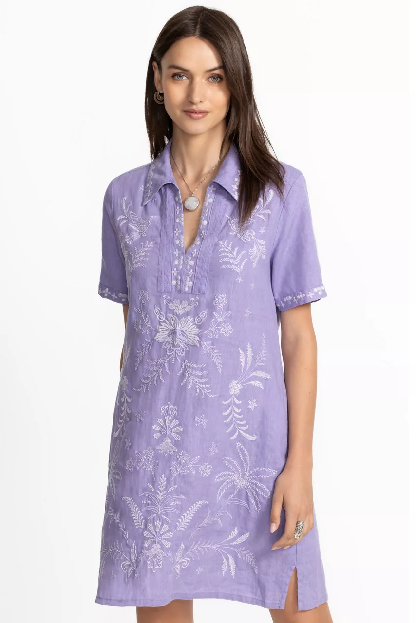 Johnny Was LINEN HENLEY COLLARED DRESS Persian Violet