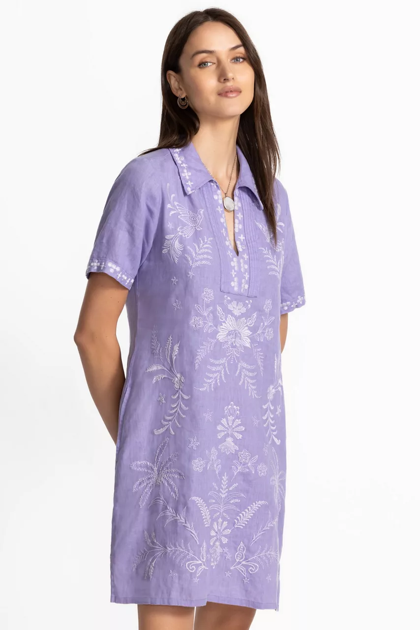 Johnny Was LINEN HENLEY COLLARED DRESS Persian Violet