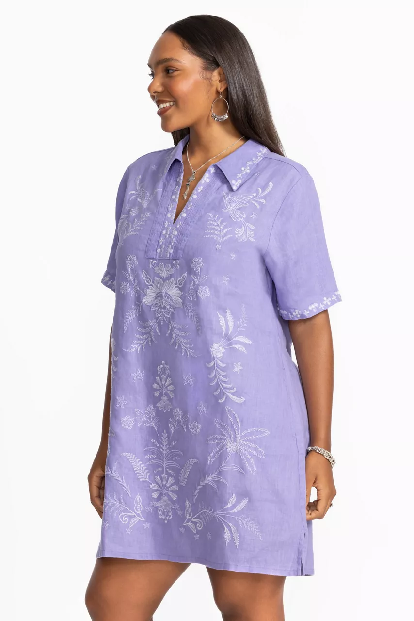 Johnny Was LINEN HENLEY COLLARED DRESS Persian Violet