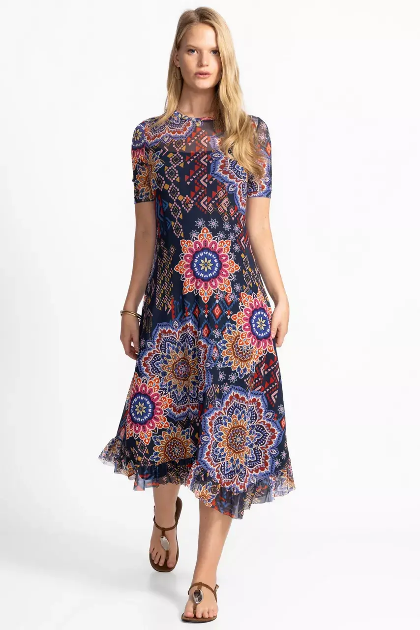 Johnny Was MESH ELBOW SLEEVE ASYMMETRIC HEM DRESS Padma