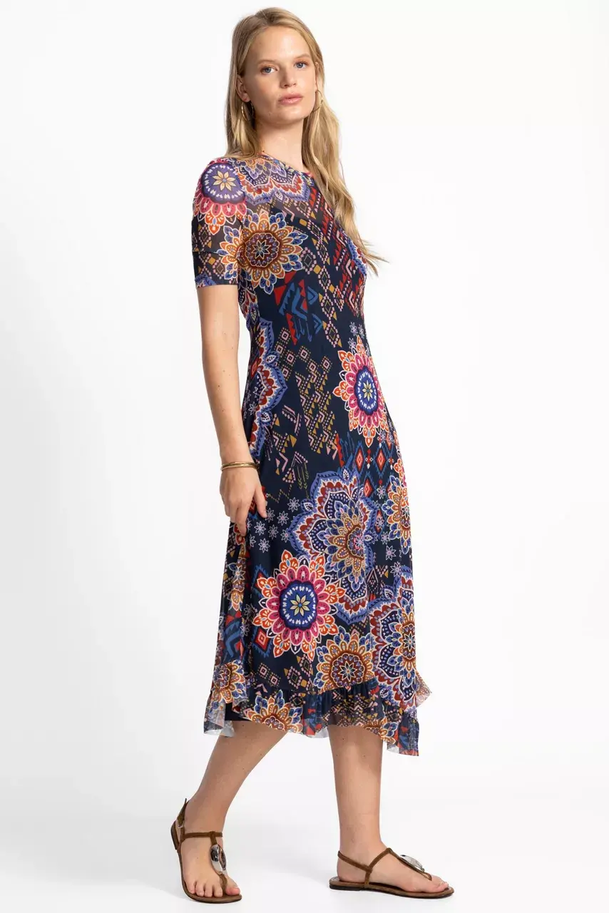 Johnny Was MESH ELBOW SLEEVE ASYMMETRIC HEM DRESS Padma