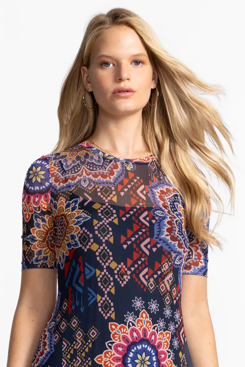 Johnny Was MESH ELBOW SLEEVE ASYMMETRIC HEM DRESS Padma