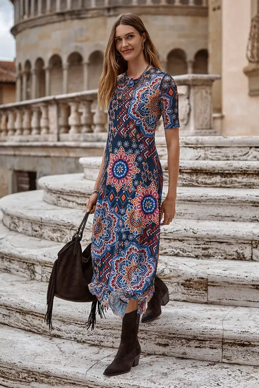 johnny was MESH ELBOW SLEEVE ASYMMETRIC HEM DRESS Padma