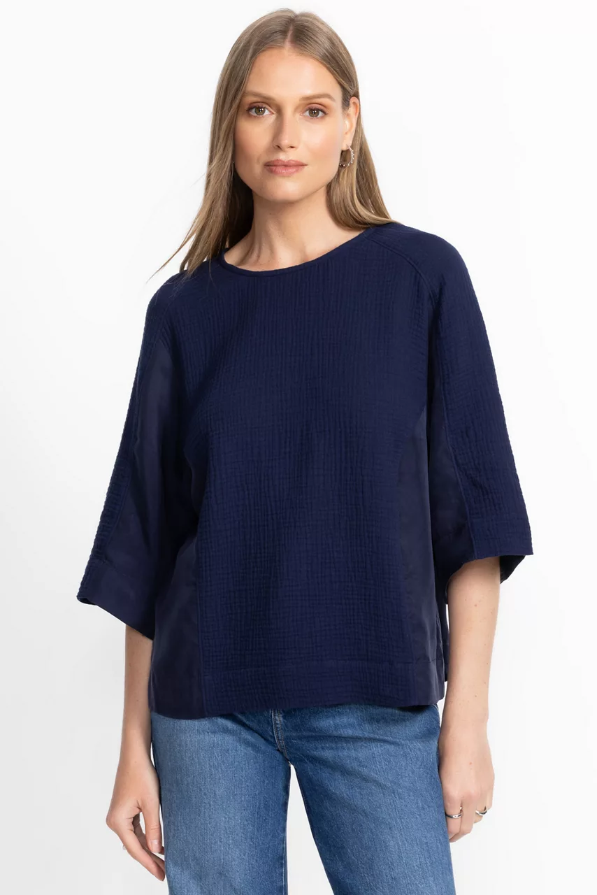 johnny was MIXED MEDIA DROP SHOULDER TOP Blue Night