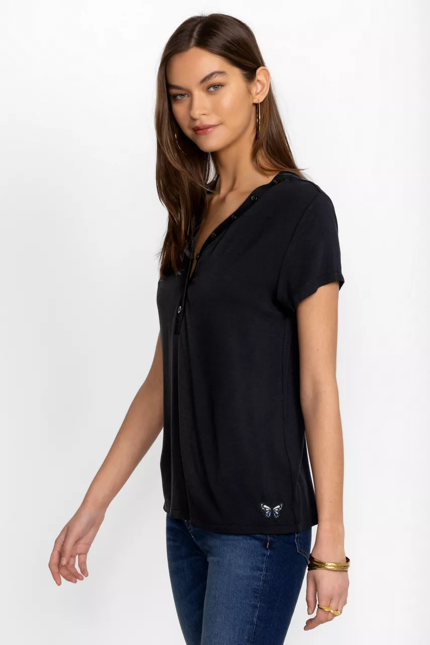 Johnny Was MODAL JERSEY BUTTON NECK TEE Black Beauty