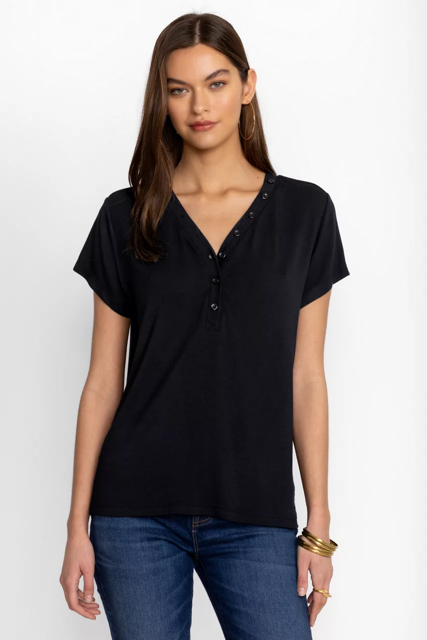 Johnny Was MODAL JERSEY BUTTON NECK TEE Black Beauty