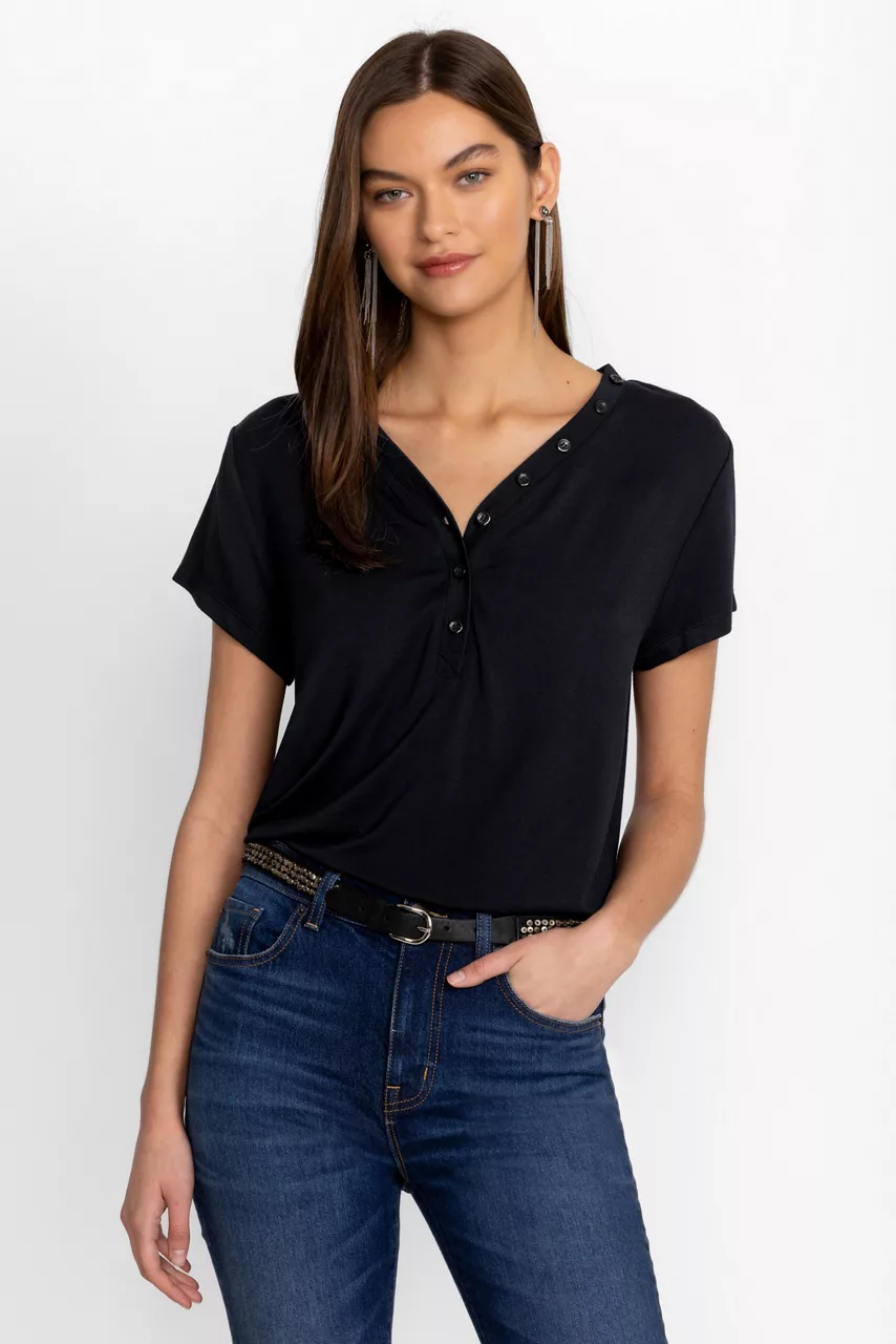 johnny was MODAL JERSEY BUTTON NECK TEE Black Beauty