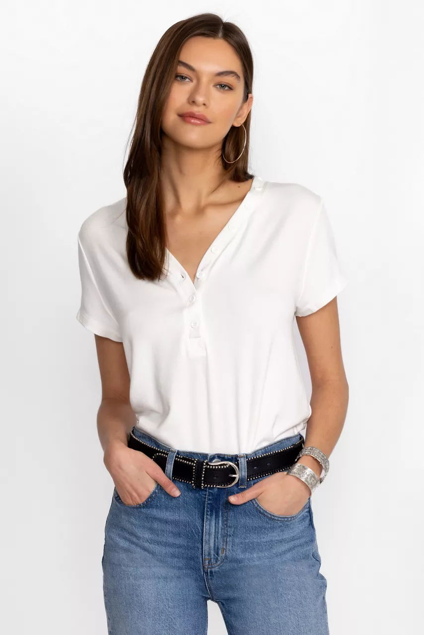 Johnny Was MODAL JERSEY BUTTON NECK TEE Bright White