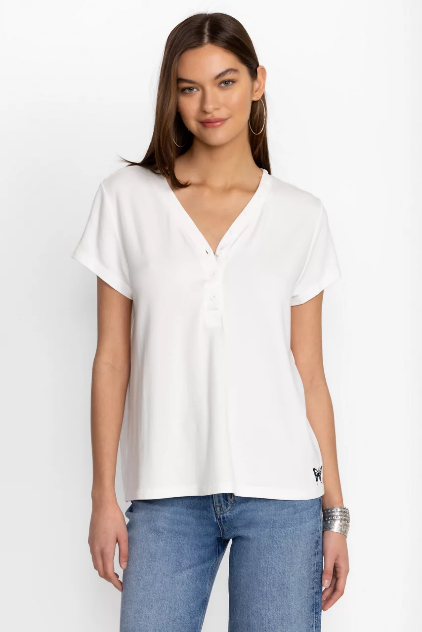 Johnny Was MODAL JERSEY BUTTON NECK TEE Bright White