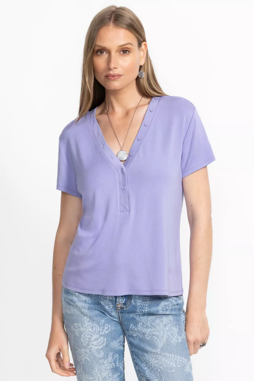 johnny was MODAL JERSEY BUTTON NECK TEE Persian Violet