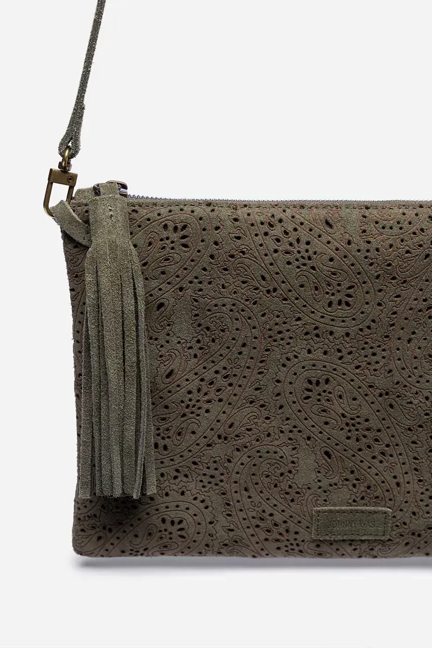 Johnny Was PAISLEY ITALIAN PERFORATED SUEDE CROSSBODY BAG Sage